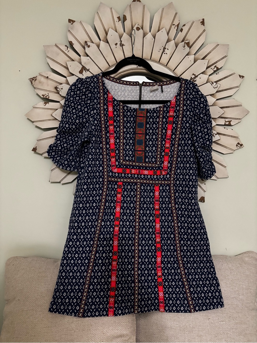 Anthropologie Akemi + Kin Embroidered Boho Mini Shift Dress Navy Size Small